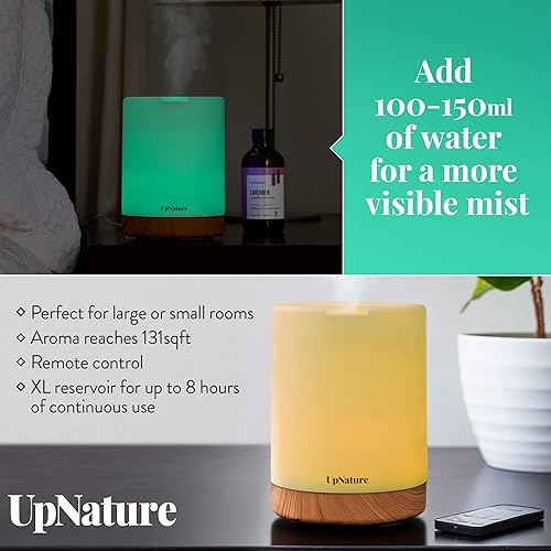 UpNature Essential Oil Diffuser for Large Room, 300ml Aromatherapy Diffuser Cool Mist Ultrasonic Diffuser , up to 12hrs of Continuous Aroma with Auto- ShutOff - 7 LED Light Colors