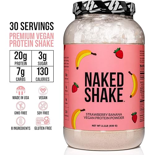 Naked Shake – Vegan Protein Powder, Strawberry Banana – Flavored Plant Based Protein from US & Canadian Farms with MCT Oil, Gluten-Free, Soy-Free, No GMOs or Artificial Sweeteners – 2.1 Pounds
