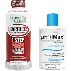 Herbal Clean Same-Day Detox Bundle, QCarbo32 Detox Drink, Dragon Fruit Flavor, 32 Fl Oz, with pH10Max Alkaline Water Drops, 2 Fl Oz