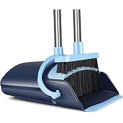 Broom and Dustpan Set 2022 Outdoor Or Indoor Broom Dust Pan 3 Foot Angle Heavy Push Combo Upright Long Handle for Kids Garden Pet Dog Hair Lobby Wood Floor Sweeping Kitchen House Blue