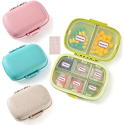 4 Pack Daily Pill Case Organizer, 8 Compartment Pill Box Drug Medicine Case, Waterproof Pill Supplement Case, Portable Travel Pocket Container Compact for Vitamin, Cod Liver Oil, PinkBlueGreenKhaki