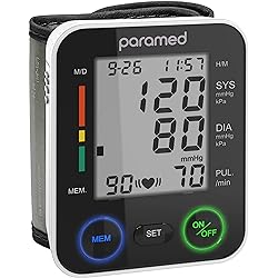 PARAMED Automatic Wrist Blood Pressure Monitor: Blood-Pressure Kit of Bp Cuff 2AAA and Carrying case - Irregular Heartbeat Detector & 90 Readings Memory Function & Large Display
