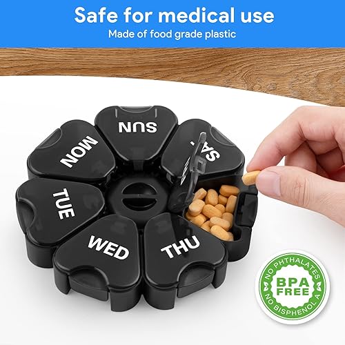 Extra Large Weekly Pill Organizer, Winlike Flower XL Portable 7 Day Pill Box Case for Travel Medicine Organizer VitaminFish OilPillsSupplements Push Button Design-1 Pack