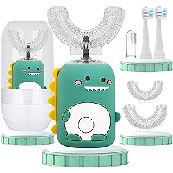 Kids Electric Toothbrushes,U Shaped Toothbrush Kids w 5 Brush Heads and Cup, IPX7 Waterproof 360 Toothbrush Kids 60s Smart Reminder, 3 Clean Modes, Ultrasonic Toddler Toothbrush Age 2-12Green