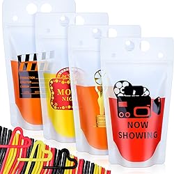 20 Pcs Movie Night Decorations Drink Pouch Cups Clear Zipper Bags with 20 Straws, 17 oz Plastic Drink Pouches Reusable Movie Night Cups for Movie Night Party Supplies Birthday Gift