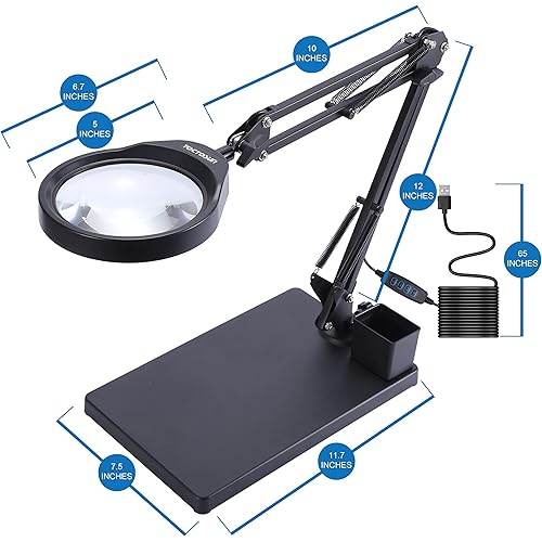 YOCTOSUN 5X Magnifying Glass with Light and Stand, 5 Inch 8-Diopter K9 Optical Glass Lens, 3 Color Modes Stepless Dimmable, Adjustable Swivel Arm Lighted Magnifier Lamp for Reading & Close Work