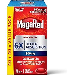 Omega 3 Fish Oil Supplement 800mg per Serving, MegaRed Advanced 6X Absorption EPA & DHA Omega 3 Fatty Acid Softgels 80cnt Box, Phopholipids, Supports Brain Eye Joint & Heart Health