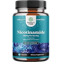 Vitamin B3 Nicotinamide 500mg Capsules - Mitochondrial Energy and Anti Aging Skin Supplement - AKA Vitamin B3 Niacin 500mg Flush Free and Niacinamide 500mg - Flush Free Niacin Supplement - 180 Count
