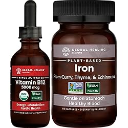 Global Healing Iron Health & Tri-Blend B12 5000mcg - Vegan Supplement for Blood and Brain Health & Organic Sublingual Vitamin Supplement Drops for Energy, Mood, Heart Health - 1 Fl Oz & 60 Capsules