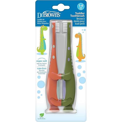 Dr. Brown's Toddler Toothbrush, Dinosaur, Green and Orange, 2-Pack