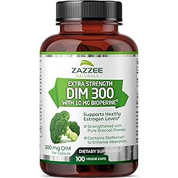 Zazzee Extra Strength DIM 300 mg per Capsule, 10 mg BioPerine, 100 Vegan Capsules, 100 Day Supply, Plus Pure Organic Broccoli Extract, Vegan and Non-GMO