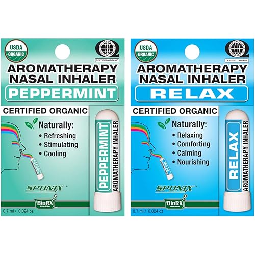 Aromatherapy Nasal Inhaler Pack of 2 Made with Organic Essential Oil - Peppermint and Relax - 0.7 mL by Sponix