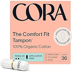 Cora 100% Organic Cotton Non-Applicator Tampons | Regular Absorbency | Applicator-Free | Leak Protection | Ultra-Absorbent | Unscented | Packaging May Vary 36 Count