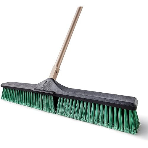 Eyliden 24" Heavy Duty Push Broom, Large Outdoor Stiff Sweeping Brooms with 62" Enhanced Steel Long Handle, Multi-Surface Floor Scrub Brush for Garage Garden Yard Patio Deck Green, 24inch