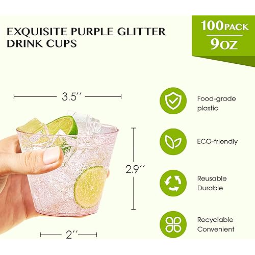 100 PACK Purple Gold Glitter Plastic Cups,9 Oz Purple Gold Glitter Plastic Cups Tumblers, Elegant Plastic Cups, Disposable Cups With Gold Rim Perfect For Wedding,Thanksgiving Day, Christmas Party Cups