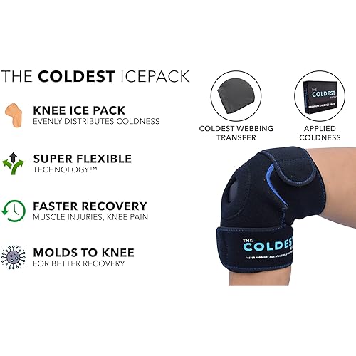 The Coldest Knee Ice Pack Wrap, Hot and Cold Therapy - Reusable Compression Best for Meniscus Tear, Injury Recovery, Bursitis Pain Recovery, Sprains, Swelling and Rheumatoid Arthritis Knee Ice Pack