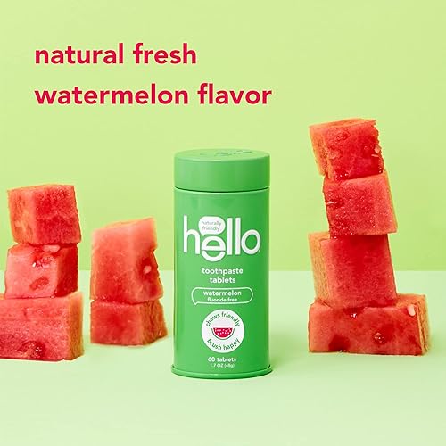 hello Kids Watermelon Eco-Friendly, Travel Toothpaste Tablets, Natural Watermelon Flavor, Fluoride Free, Plastic-Free, Reusable Metal Containers, Vegan, SLS & Gluten Free, 120 Tablets, 2 Pack