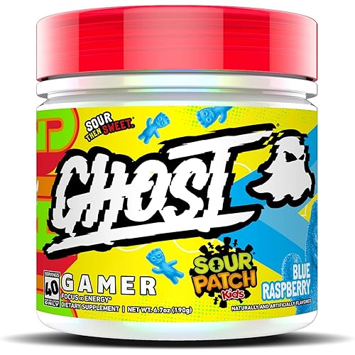 GHOST Gamer: Energy and Focus Support Formula - 40 Servings, Sour Patch Kids Blue Raspberry - Brain-Boosting Nootropics & Natural Caffeine for Attention, Accuracy & Reaction Time - Vegan, Gluten-Free