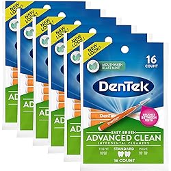 DenTek Easy Brush Interdental Cleaners | Brushes Between Teeth | Standard | Mint Flavor | 16 Count Pack of 6 - Packaging May Vary