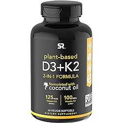 Sports Research Vitamin D3 K2 with 5000iu of Plant-Based D3 & 100mcg of Vitamin K2 as MK-7 | Non-GMO Verified & Vegan Certified 60ct