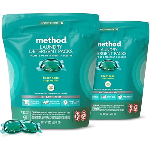 Method Laundry Detergent Packs, Hypoallergenic Formula & Plant-Based Stain Remover Solution that Works in Hot & Cold Water, Beach Sage Scent, 42 Packs per Bag, 2 Pack 84 Loads, Packaging May Vary