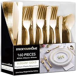 Gold Plastic Silverware Set 160 Bulk Pack Disposable Cutlery Utensils, 80 Gold Forks, 40 Gold Knives, 40 Gold Spoons, Heavy Duty Flatware For Holidays, Parties, Dinners, Weddings, and Occasions