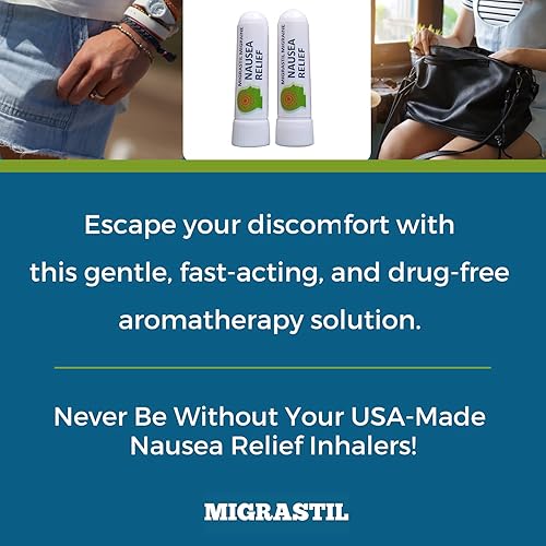 Migrastil Nausea Relief Inhaler Pack of 2 - Pocket Size Nausea Relief Aromatherapy Inhaler with Natural Essential Oils - Fast Acting Gentle Relief for Feelings of Sickness & Nausea - 100% Natural