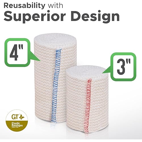 GT Soft | Latex Free | Organic USA Cotton Elastic Bandage | Set of Two 4 inch & Two 3 inch Wraps | Washable Reusable Hook & Loop Closure Both Ends, Beige
