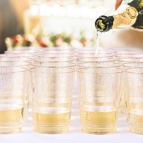 50pcs 10 OZ Gold Plastic Cups, Disposable Gold Glitter Plastic Cups, Clear Plastic Cups Tumblers, Wedding,Thanksgiving, Christmas Party Cups