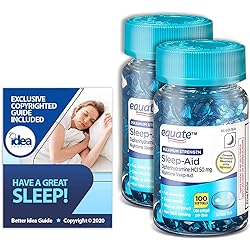 Equate Maximum Strength Sleep-Aid Softgels 50mg, 100 Ct 2 Pack Bundle with Exclusive "Have a Great Sleep" - Better Idea Guide 3 Items
