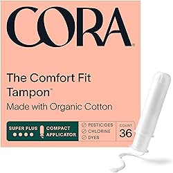 Cora Organic Applicator Tampons | Super Plus Absorbency | 100% Cotton Core, Unscented, BPA-Free Compact Applicator | Leak Protection, Easy Insertion, Non-Toxic | Packaging May Vary 36 Count