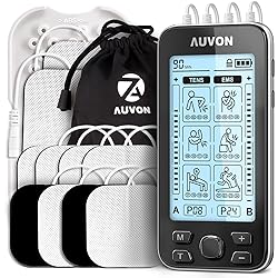 AUVON 4 Outputs TENS Unit EMS Muscle Stimulator Machine for Pain Relief Therapy with 24 Modes Electric Pulse Massager, 2" and 2"x4" Electrodes Pads Black