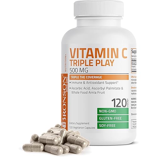 Bronson Vitamin C Triple Play 500 mg - Triple The Coverage - Ascorbic Acid, Ascorbyl Palmitate & Whole Food Alma Fruit - Immune & Antioxidant Support, Non-GMO, 120 Vegetarian Capsules
