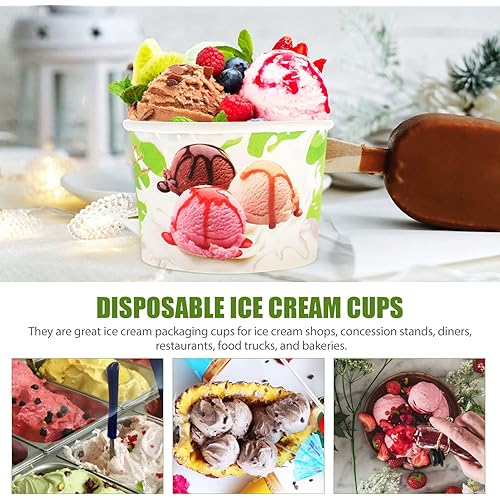 Cabilock 100Sets Paper Ice Cream Cups with Lids Disposable Paper Dessert Pudding Bowls Party Supplies for Sundae Frozen Yogurt Soup