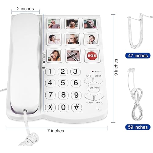 Big Button Phone for Seniors, 9 Pictured Big Buttons,Extra Loud Ringer,Wired Simple Basic Landline Telephone for Visually Impaired Old People with Large Easy Buttons, Emergency House Phones
