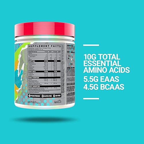 GHOST Amino: Essential Amino Acid Supplement, Blue Raspberry - 20 Servings - Intra-Workout Powder for Hydration & Recovery 4.5g BCAA & 5.5g EAA - Soy & Gluten-Free, Vegan