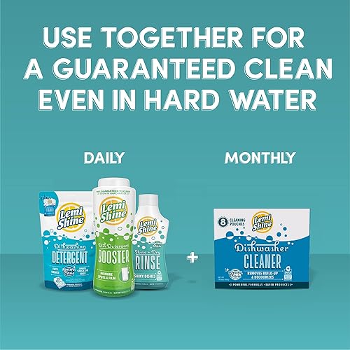 Lemi Shine Complete Dishwasher 4-Pc. Cleaning Bundle - 12 oz Booster Dishwasher Detergent Additive, Dry Rinse, 15 ct. Dishwasher Pods and 3-pk Multi-Purpose Machine Cleaner
