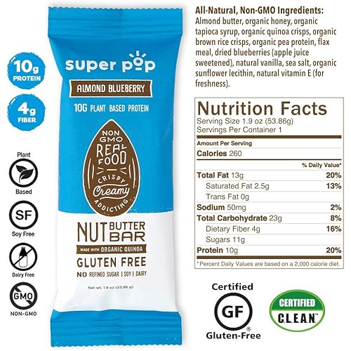 Super Pop Snacks, Clean Plant Based Protein Bars, All-Natural Almond Butter Bars with Organic Whole Foods, Meal Replacement, Delicious, Gluten Free, Low Carb, Dairy Free, 10g Protein, Almond Blueberry 12 Pack