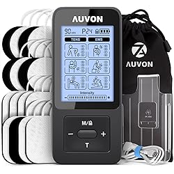 AUVON Dual Channel 24 Modes TENS EMS Muscle Stimulator for Pain Relief 16 Pads, Rechargeable TENS Machine with 40h Battery Life, Continuous Mode, 1 x Cable Tie, 1 x Dust-Proof Bag and 1 x Belt Clip