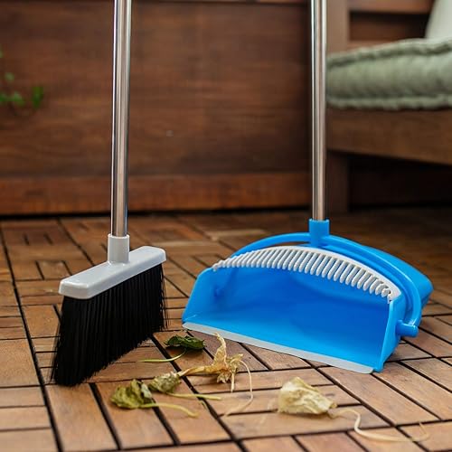 BristleComb Outdoor Broom and Dustpan Set Upright – 49" Long Adjustable Broom and Dust Pan with Long Handle, Self-Cleaning Comb & 2 Interchangeable Heads of Different Stiffness - Medium and Coarse