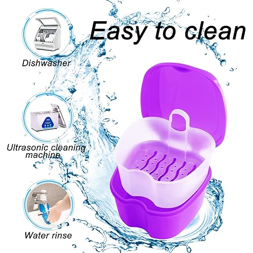 Colorful Denture Bath Case with Brush, Denture Cup Soaking Holder False Teeth Container Mouth Guard Storage Case Cleaning with Lid Waterproof - Purple