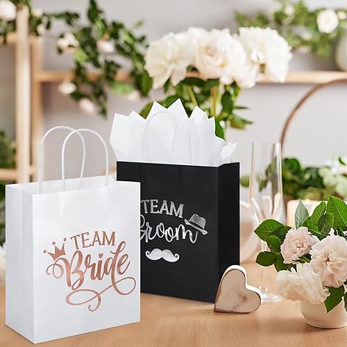 24 Pack Bridal Party Gift Bags Bridesmaid Gift Bag with Handle Bachelorette Gift Bags Team Groom and Team Bride Gift Bags with 24 White Tissue Paper for Wedding, White and Black, 9 x 8 x 4 Inch