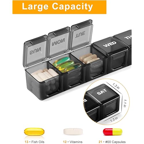 TookMag Extra Large Pill Organizer 7 Day, XL Daily Pill Cases Weekly Pill Box, Oversize Daily Medicine Organizer for Pills Vitamin Fish Oil Supplements Black