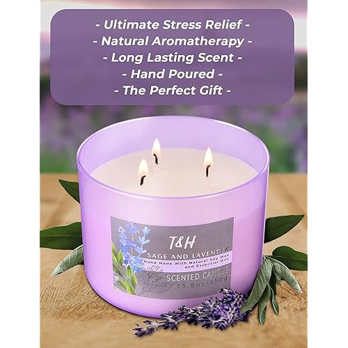 Sage Lavender Scented Candles | 3 Wick Candle | Lavender Candle | Sage Candles for Cleansing House | Soy Candles for Home Scented | White Sage Candle, 16 Oz Large Relaxing Lavender Candle Aromatherapy