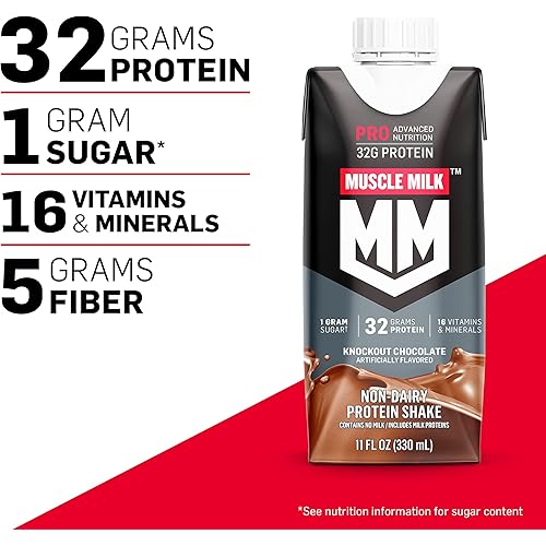 Muscle Milk Pro Advanced Nutrition Protein Shake, Knockout Chocolate, 11 Fl Oz Carton, 12 Pack, 32g Protein, 1g Sugar, 16 Vitamins & Minerals, 5g Fiber, Workout Recovery, Packaging May Vary