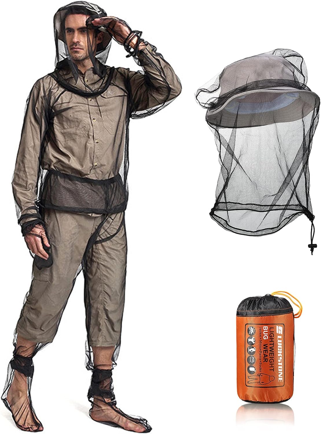 Mosquito Net Suit Include Bug Jacket Hood, Face Covering, Pants Net, Leg Gaiter, Gloves and Storage Sack Mosquito Net Protecting Whole Body Repellent Clothing for Outdoor Camping Fly Fishing