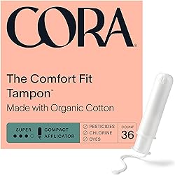 Cora Organic Applicator Tampons | Super Absorbency | 100% Cotton Core, Unscented, BPA-Free Compact Applicator | Leak Protection, Easy Insertion, Non-Toxic | Packaging May Vary 36 Count