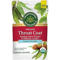 Traditional Medicinals Throat Coat Organic Cough Drops, Eucalyptus Mint with Menthol, Soothes Sore Throats & Relieves Coughs Pack of 3