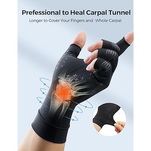 FREETOO Copper Arthritis Gloves for Carpal Tunnel Pain Relief, Strengthen Compression Gloves to Alleviate Hand Pains,Swelling, Fingerless Computer Typing Gloves for Rheumatoid, Tendonitis WomenMen-S
