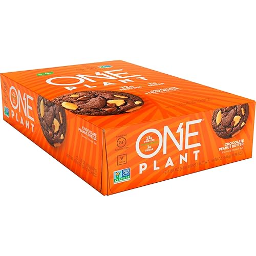 ONE PLANT Protein Bars, Chocolate Peanut Butter, Vegan, Gluten Free Protein Bars with 12g Protein & Only 1g Sugar, Guilt-Free Snacking for High Protein Diets, 1.59 Oz 12 Pack